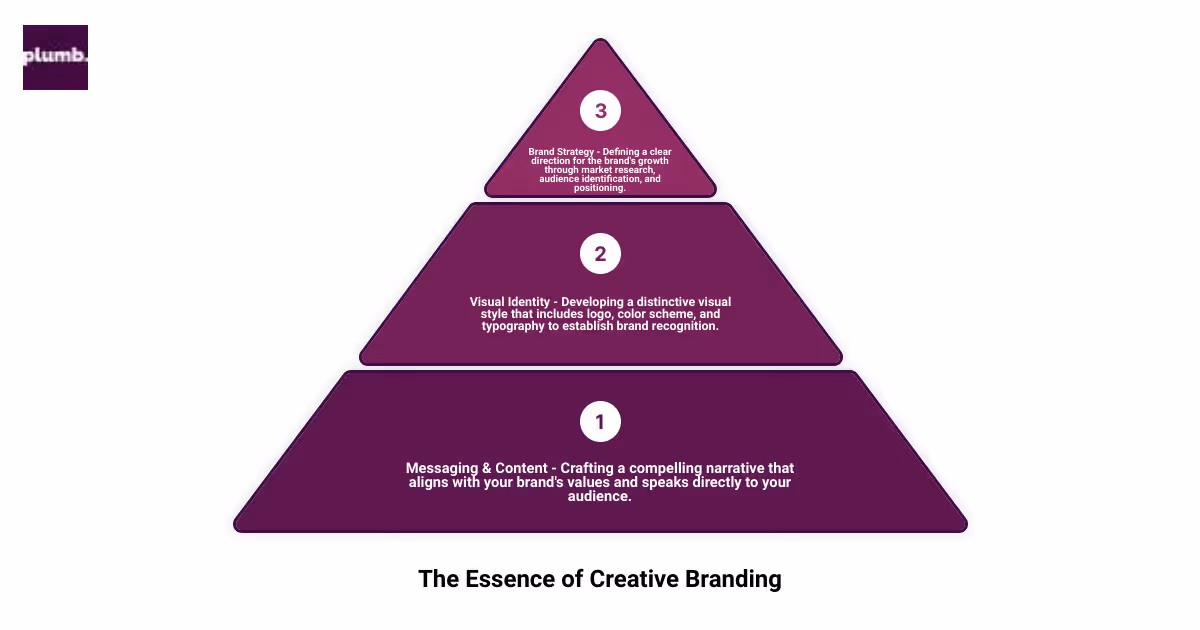 Infographic describing the core components of creative branding: Brand Strategy, Visual Identity, and Messaging & Content, and how they combine to form a cohesive brand identity that resonates with audiences and stands out in the digital landscape. - creative branding services infographic 3_stage_pyramid