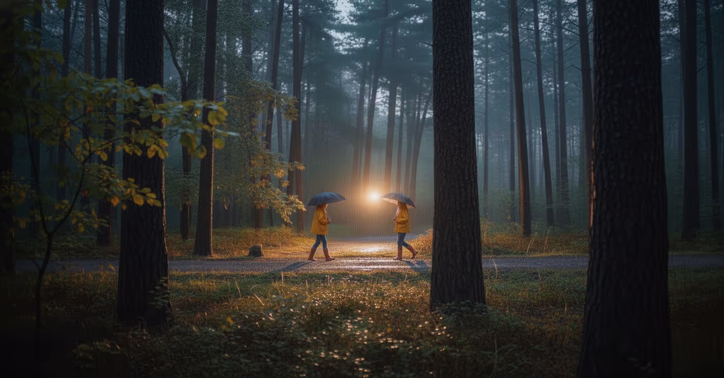 Two people in yellow raincoats holding umbrellas walking toward each other on a forest path at dusk with a glowing light between them.