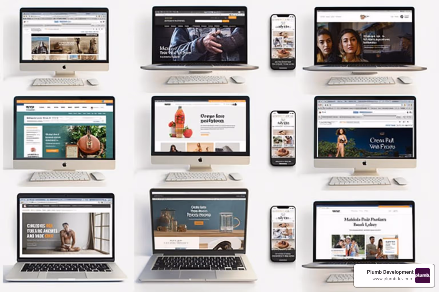 Responsive grid layout showing multiple ecommerce website examples across desktop, tablet, and mobile devices - ecommerce website designer Responsive grid layout showing multiple ecommerce website examples across desktop, tablet, and mobile devices - ecommerce website designer