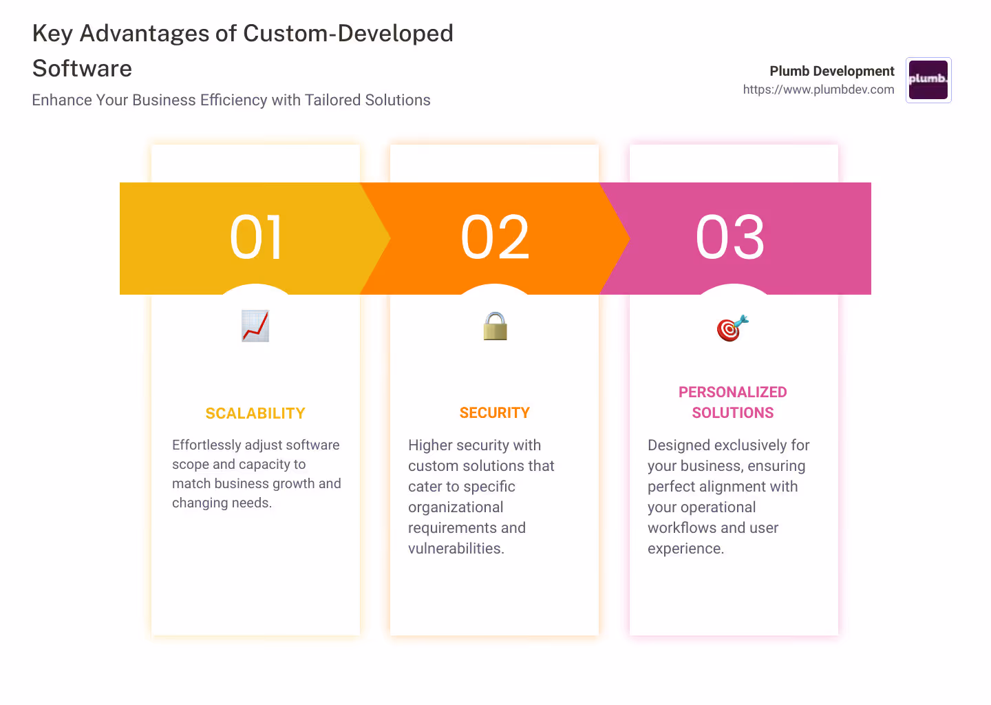 Infographic showing key advantages of custom software development including personalization, efficiency, and specific business needs alignment - which of the following is an advantage of custom-developed software infographic pillar-3-steps