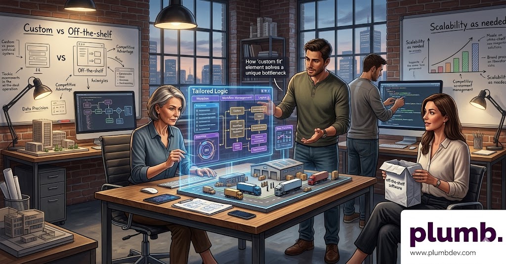 cinematic, detailed illustration of a professional team in a modern office at night, illustrating the importance of custom software. A man and woman examine a glowing holographic "Tailored Logic" interface floating over a 3D logistics model, while background whiteboards compare "Custom vs Off-the-shelf" and display "Scalability" growth charts